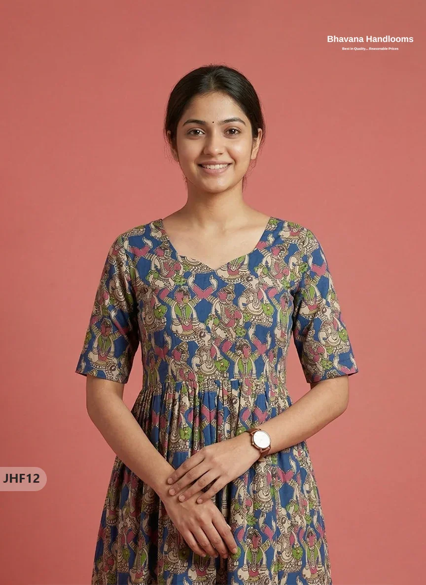Kalamkari Design Frock – Blue Colour | Handloom Ethnic Wear with Half Lining