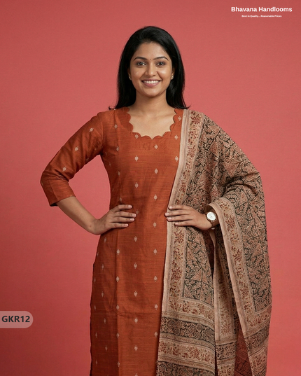 Raw Silk 3PC Kurti Set with Kalamkari Dupatta & Elastic Bottom in Orange Colour | Ethnic Wear