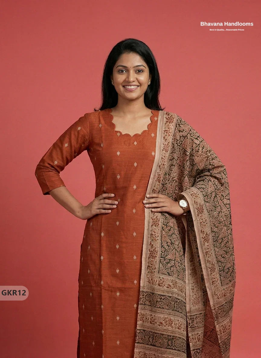 Raw Silk 3PC Kurti Set with Kalamkari Dupatta & Elastic Bottom in Orange Colour | Ethnic Wear
