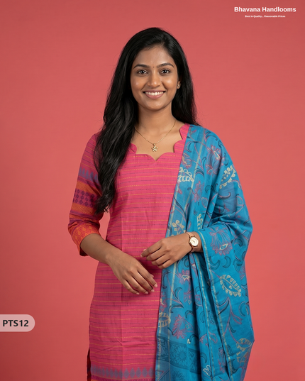 Jacquard 3PC Kurti Set in Pink Colour with Designer Blue Printed Dupatta and Elastic Bottom | Ready to Wear