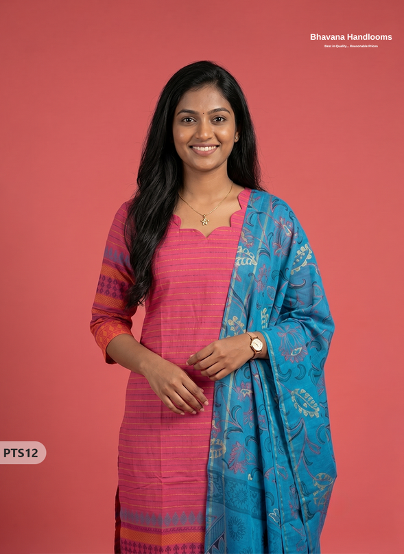 Jacquard 3PC Kurti Set in Pink Colour with Designer Blue Printed Dupatta and Elastic Bottom | Ready to Wear