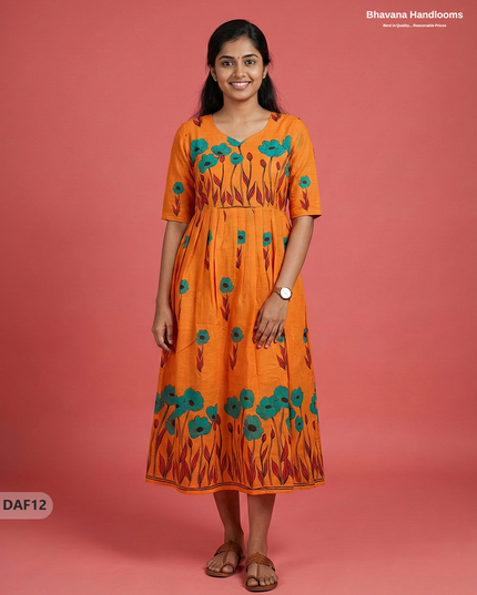 Comfortable Daily Wear Cotton Frock – Orange Colour | Half Lining