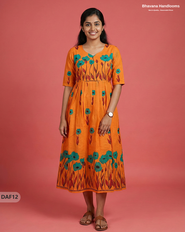 Comfortable Daily Wear Cotton Frock – Orange Colour | Half Lining