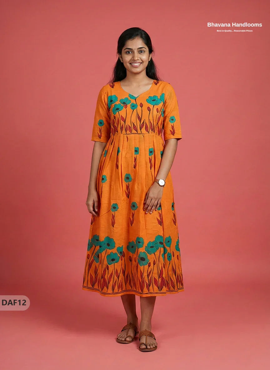Comfortable Daily Wear Cotton Frock – Orange Colour | Half Lining
