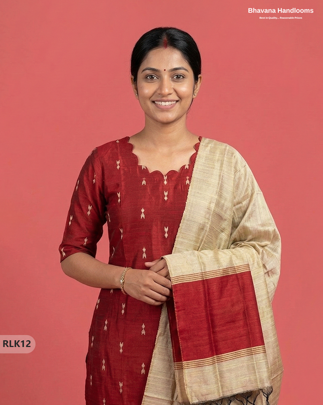 Raw Silk 2PC Set in Red Colour | Top & Bottom Only Ethnic Wear