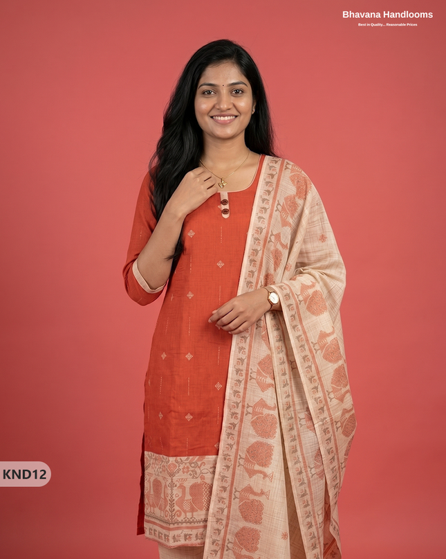 Designer Printed Cotton Floral 3PC Kurti Set in Tomato Red Colour | Full-Length Lining | Ready-to-Wear