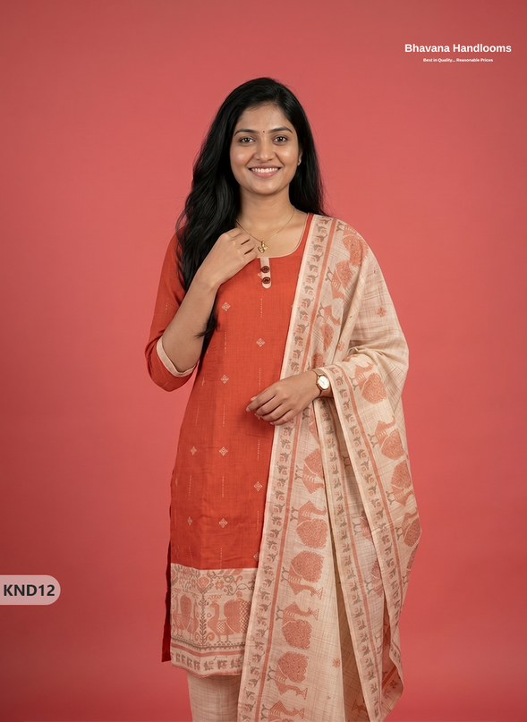 Designer Printed Cotton Floral 3PC Kurti Set in Tomato Red Colour | Full-Length Lining | Ready-to-Wear