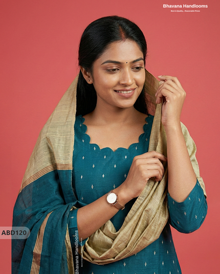 Raw Silk 3-Piece Kurti Set with Cut Work Neck Design in Sea Green Colour | Full-Length Lined Kurti with Gold Dupatta