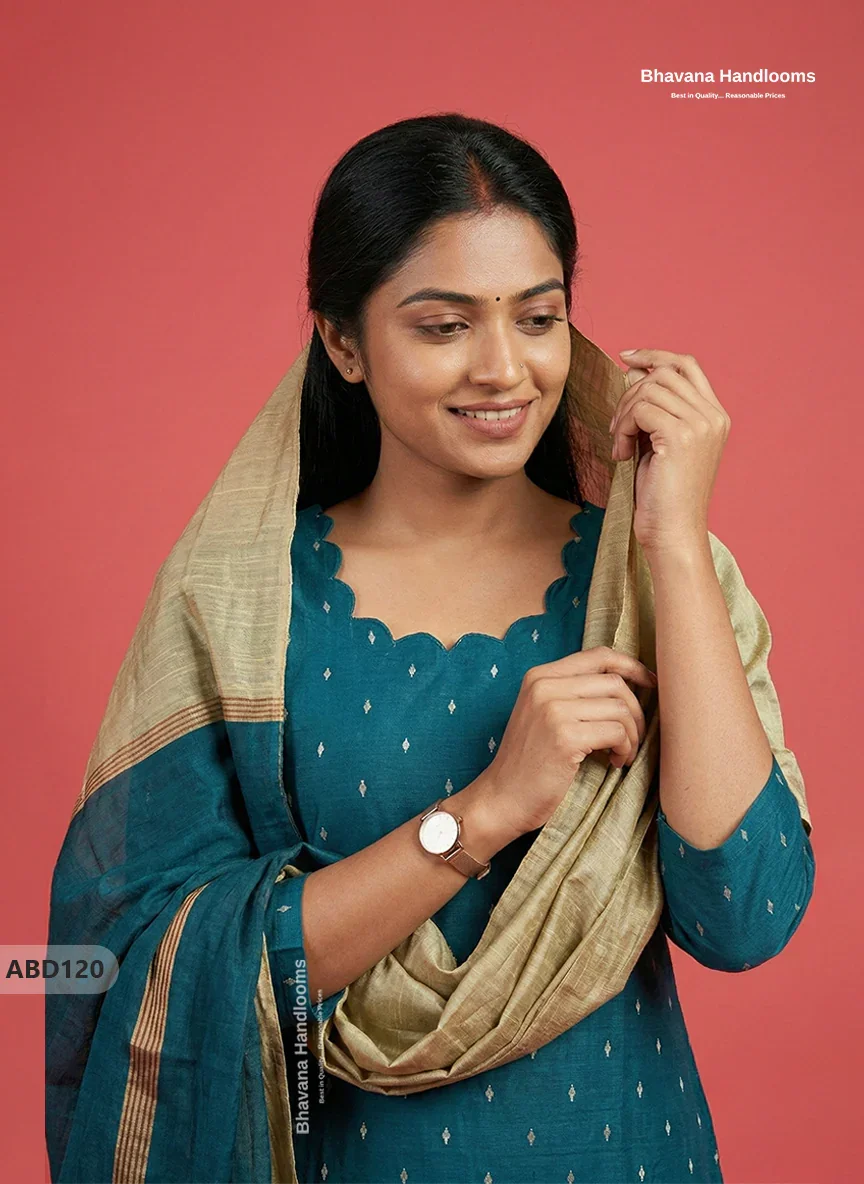 Raw Silk 3-Piece Kurti Set with Cut Work Neck Design in Sea Green Colour | Full-Length Lined Kurti with Gold Dupatta