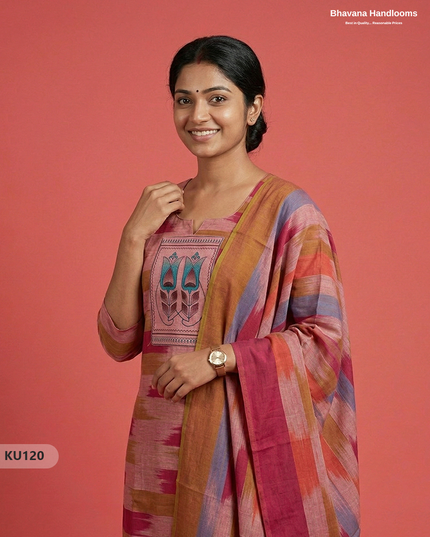 Ikkath 3pc kurti set with Patch in Pink | Ready-to-wear | Full Length linning