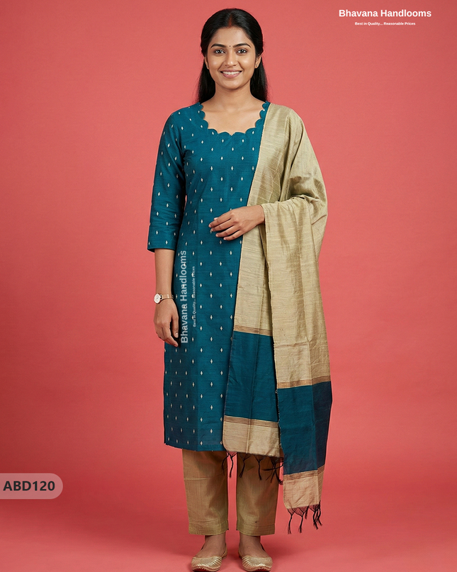 Raw Silk 3-Piece Kurti Set with Cut Work Neck Design in Sea Green Colour | Full-Length Lined Kurti with Gold Dupatta
