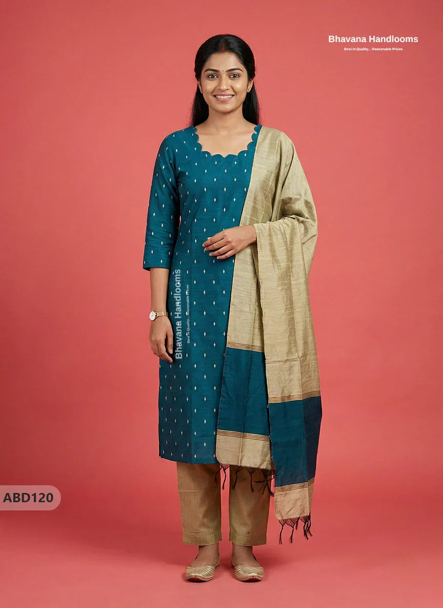 Raw Silk 3-Piece Kurti Set with Cut Work Neck Design in Sea Green Colour | Full-Length Lined Kurti with Gold Dupatta
