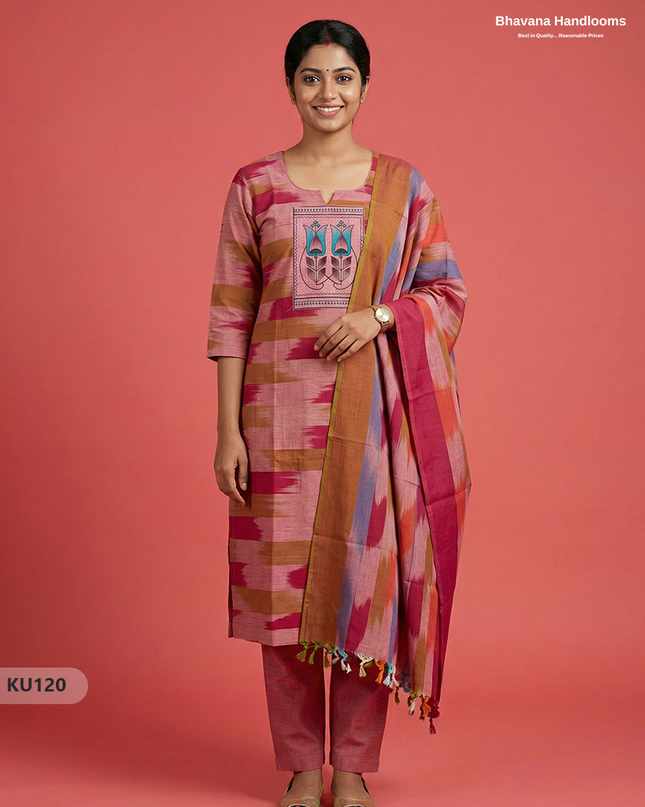 Ikkath 3pc kurti set with Patch in Pink | Ready-to-wear | Full Length linning