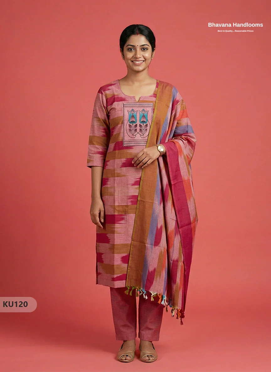 Ikkath 3pc kurti set with Patch in Pink | Ready-to-wear | Full Length linning