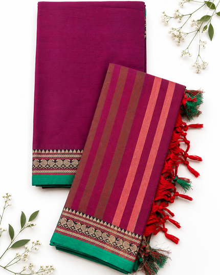 Traditional Wear Narayanpet Mercerised Cotton Dress Material with Deep Magenta Colour | Woven Border