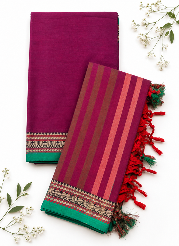 Traditional Wear Narayanpet Mercerised Cotton Dress Material with Deep Magenta Colour | Woven Border