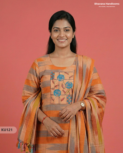 Ikkath 3pc kurti set with Patch in Orange | Ready-to-wear | Full Length linning