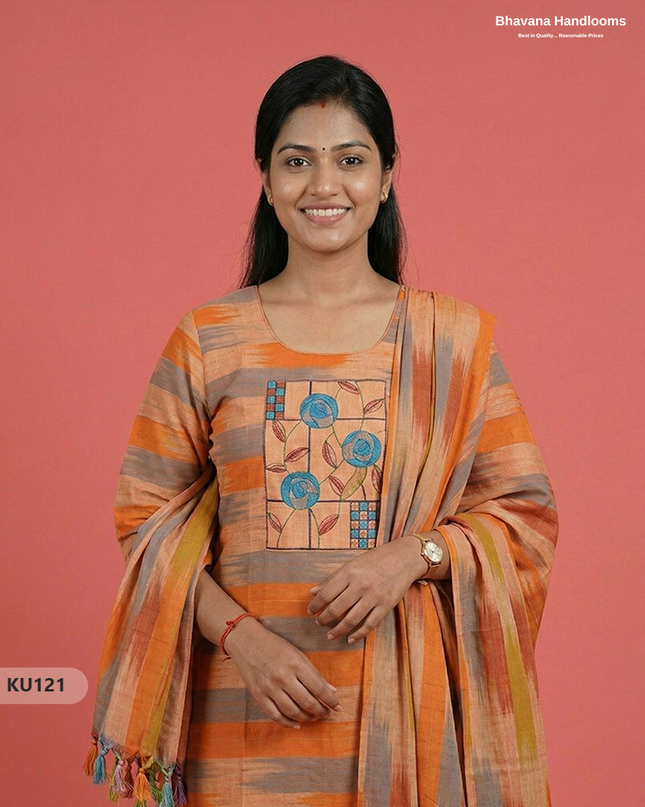 Ikkath 3pc kurti set with Patch in Orange | Ready-to-wear | Full Length linning