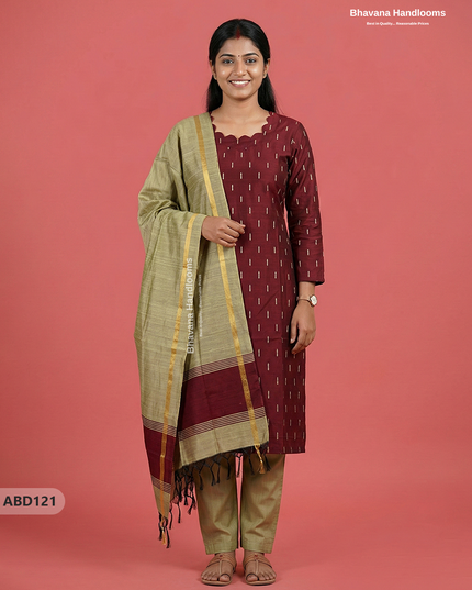 Raw Silk 3-Piece Kurti Set with Cut Work Neck Design in Maroon Colour | Full-Length Lined Kurti with Gold Dupatta