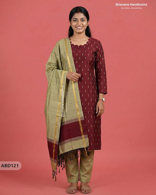 Raw Silk 3-Piece Kurti Set with Cut Work Neck Design in Maroon Colour | Full-Length Lined Kurti with Gold Dupatta