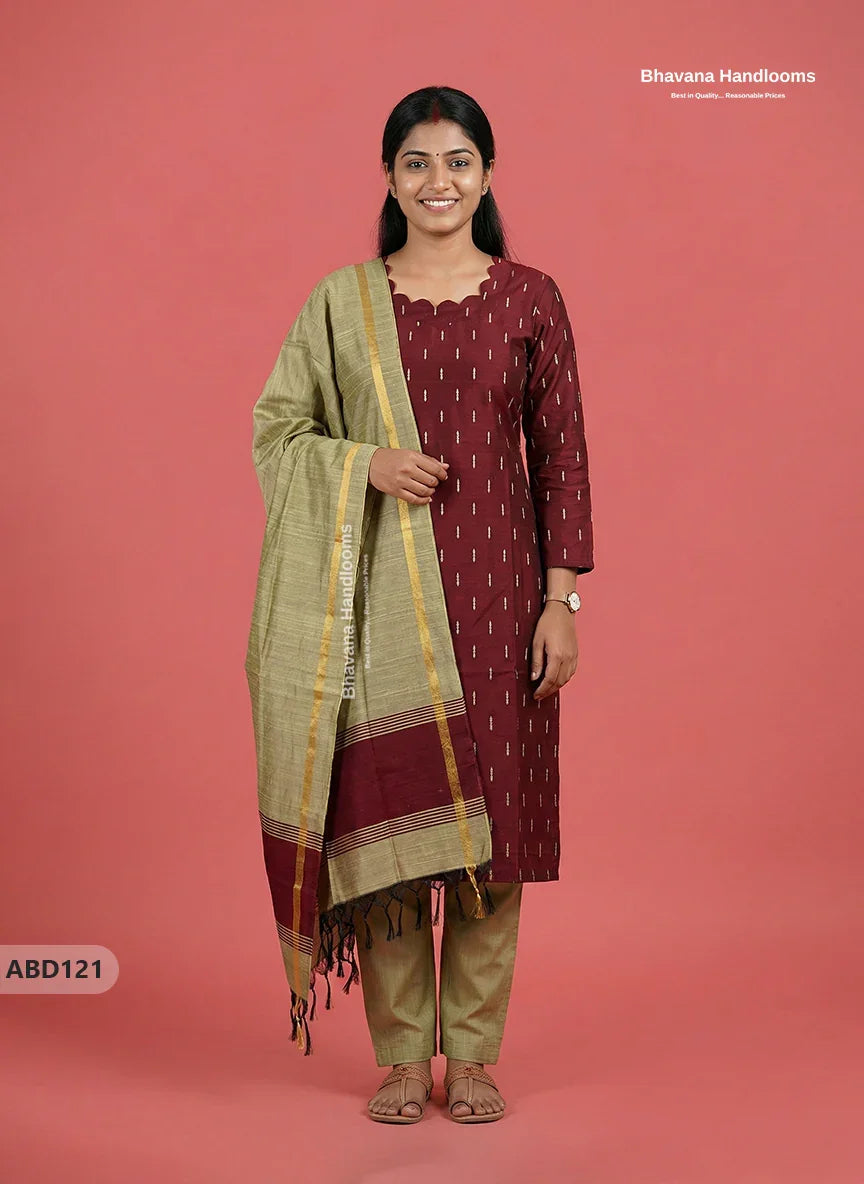 Raw Silk 3-Piece Kurti Set with Cut Work Neck Design in Maroon Colour | Full-Length Lined Kurti with Gold Dupatta