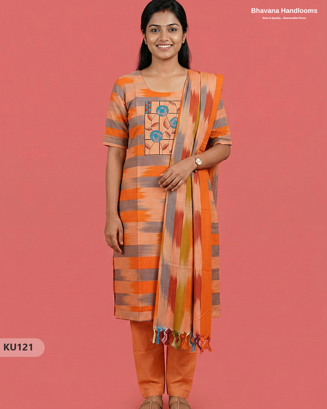 Ikkath 3pc kurti set with Patch in Orange | Ready-to-wear | Full Length linning