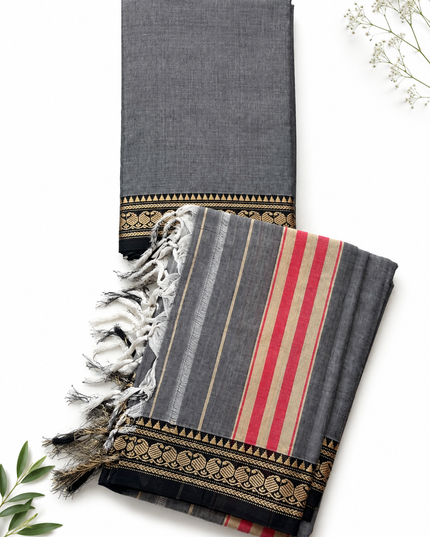 Traditional Wear Narayanpet Mercerised Cotton Dress Material with Charcoal Grey Colour | Woven Border