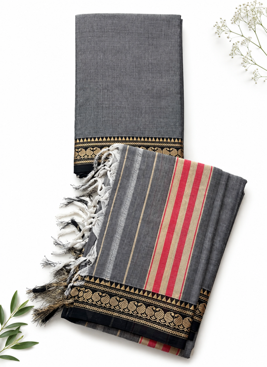 Traditional Wear Narayanpet Mercerised Cotton Dress Material with Charcoal Grey Colour | Woven Border
