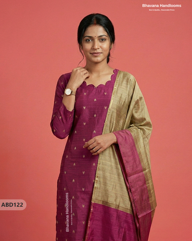 Raw Silk 3-Piece Kurti Set with Cut Work Neck Design in Pink Colour | Full-Length Lined Kurti with Gold Dupatta