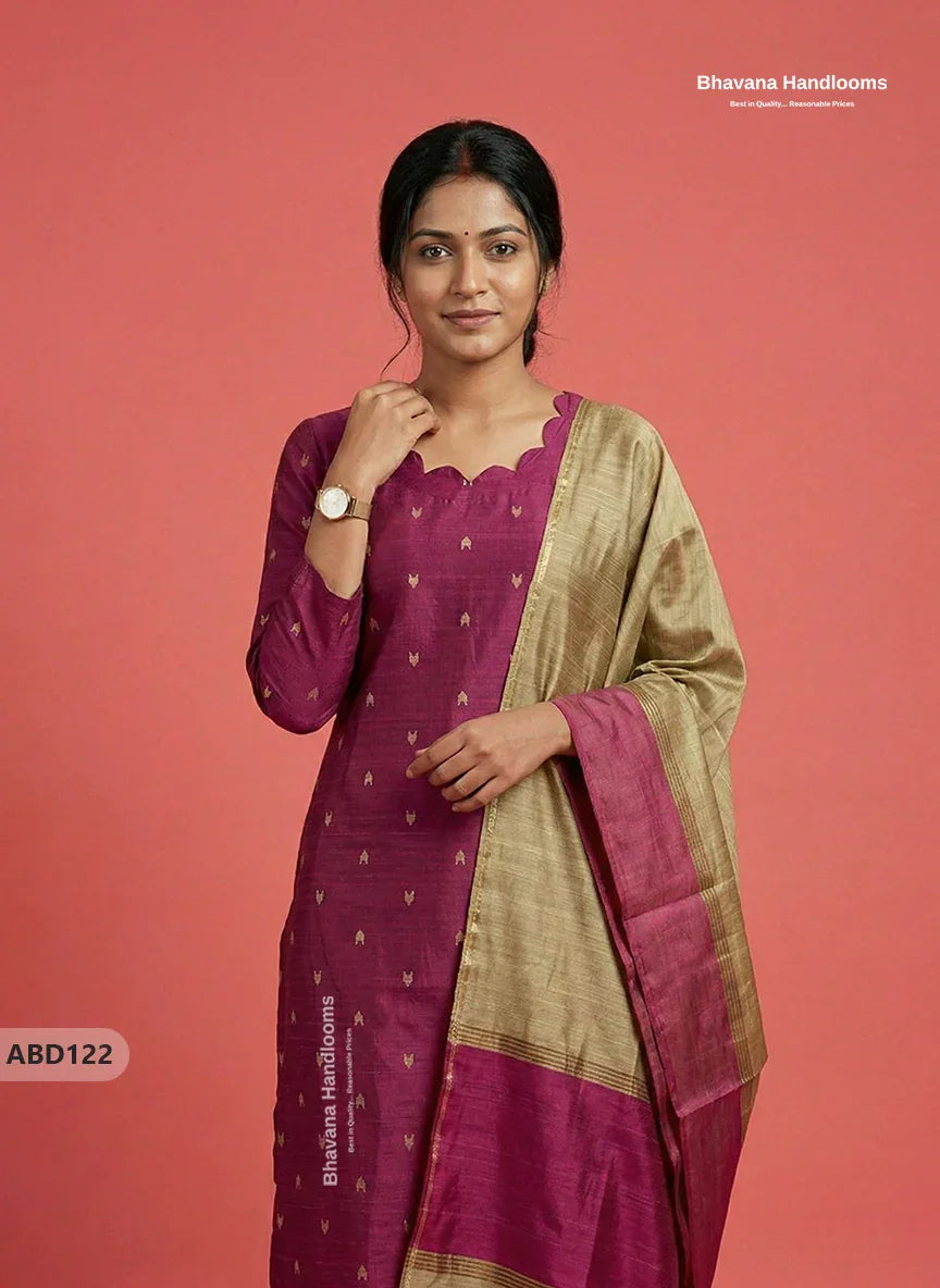 Raw Silk 3-Piece Kurti Set with Cut Work Neck Design in Pink Colour | Full-Length Lined Kurti with Gold Dupatta