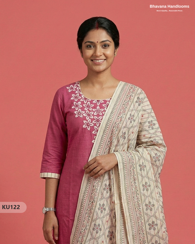 Cotton Floral Design 3PC Kurti Set in Pink | Full Length Lining