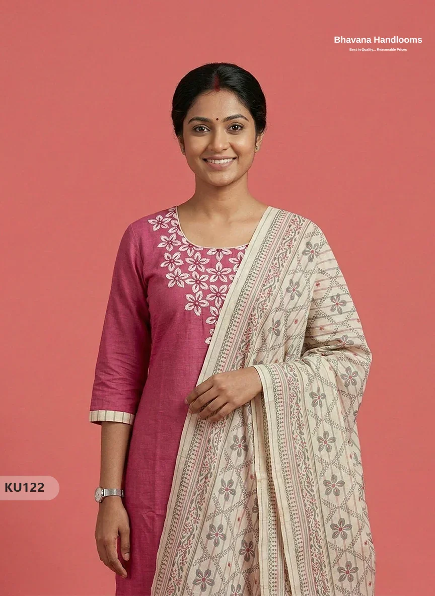 Cotton Floral Design 3PC Kurti Set in Pink | Full Length Lining