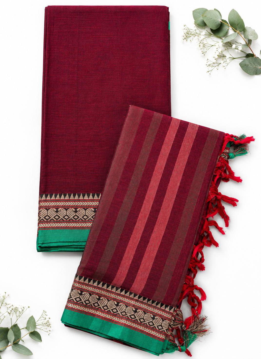 Traditional Wear Narayanpet Mercerised Cotton Dress Material with Burgundy Colour | Woven Border