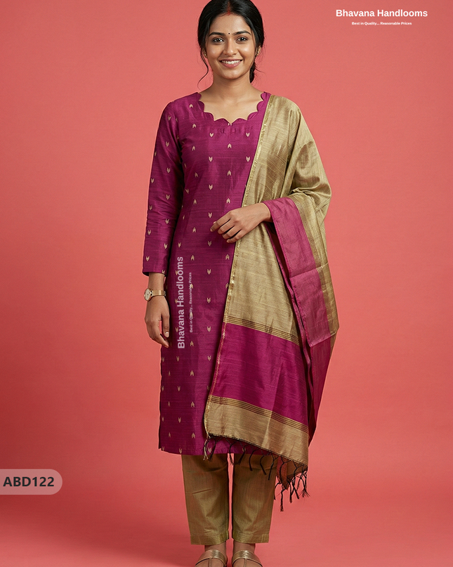Raw Silk 3-Piece Kurti Set with Cut Work Neck Design in Pink Colour | Full-Length Lined Kurti with Gold Dupatta