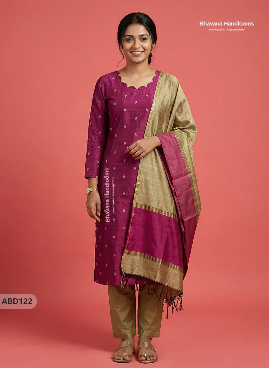 Raw Silk 3-Piece Kurti Set with Cut Work Neck Design in Pink Colour | Full-Length Lined Kurti with Gold Dupatta