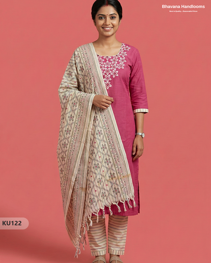 Cotton Floral Design 3PC Kurti Set in Pink | Full Length Lining
