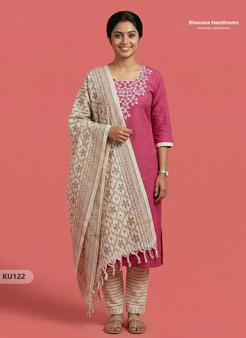 Cotton Floral Design 3PC Kurti Set in Pink | Full Length Lining