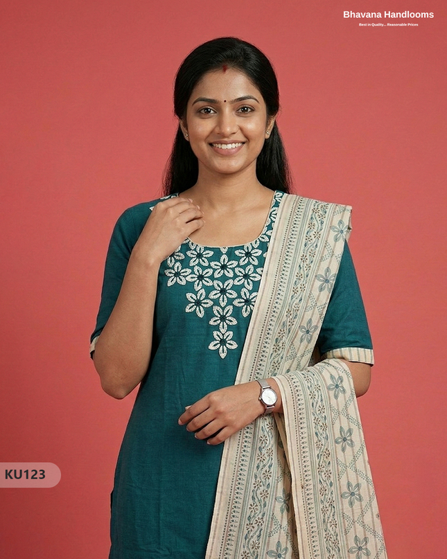 Cotton Floral Design 3PC Kurti Set in Drak Green Blue | Full Length Lining