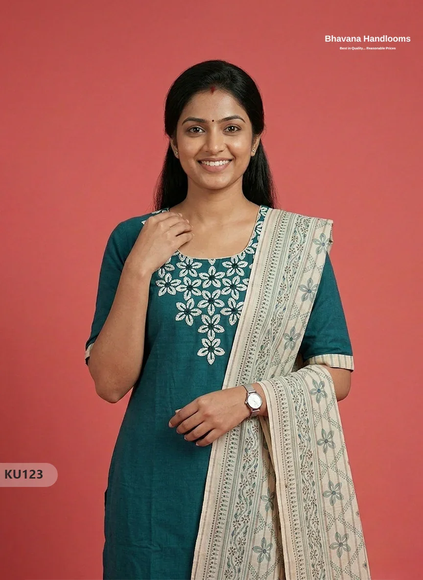 Cotton Floral Design 3PC Kurti Set in Drak Green Blue | Full Length Lining