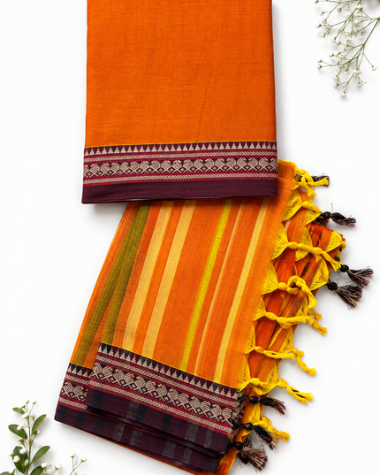 Traditional Wear Narayanpet Mercerised Cotton Dress Material with Orange Colour | Woven Border