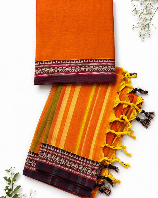 Traditional Wear Narayanpet Mercerised Cotton Dress Material with Orange Colour | Woven Border
