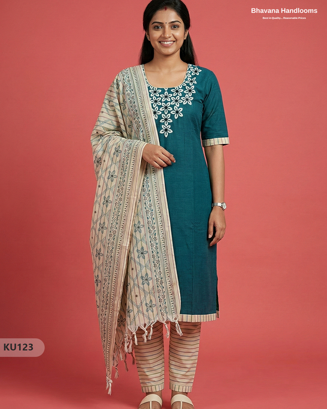Cotton Floral Design 3PC Kurti Set in Drak Green Blue | Full Length Lining