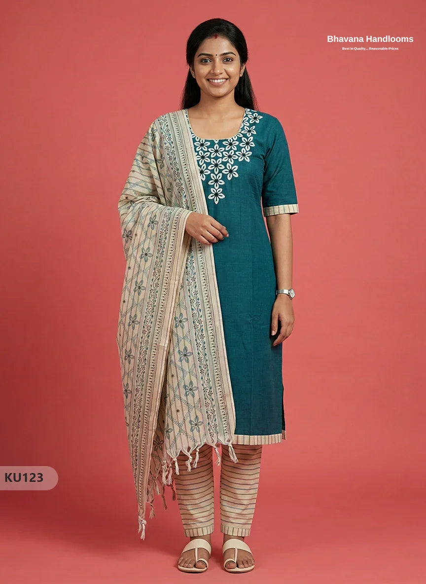 Cotton Floral Design 3PC Kurti Set in Drak Green Blue | Full Length Lining