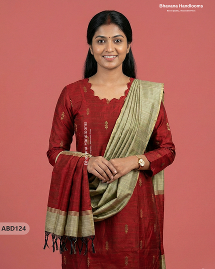 Raw Silk 3-Piece Kurti Set with Cut Work Neck Design in Red Colour | Full-Length Lined Kurti with Gold Dupatta