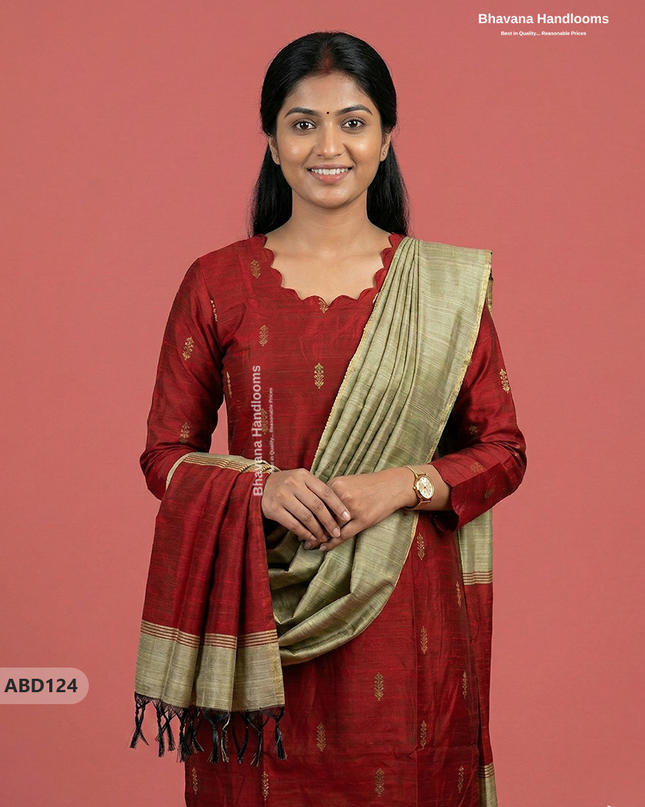 Raw Silk 3-Piece Kurti Set with Cut Work Neck Design in Red Colour | Full-Length Lined Kurti with Gold Dupatta