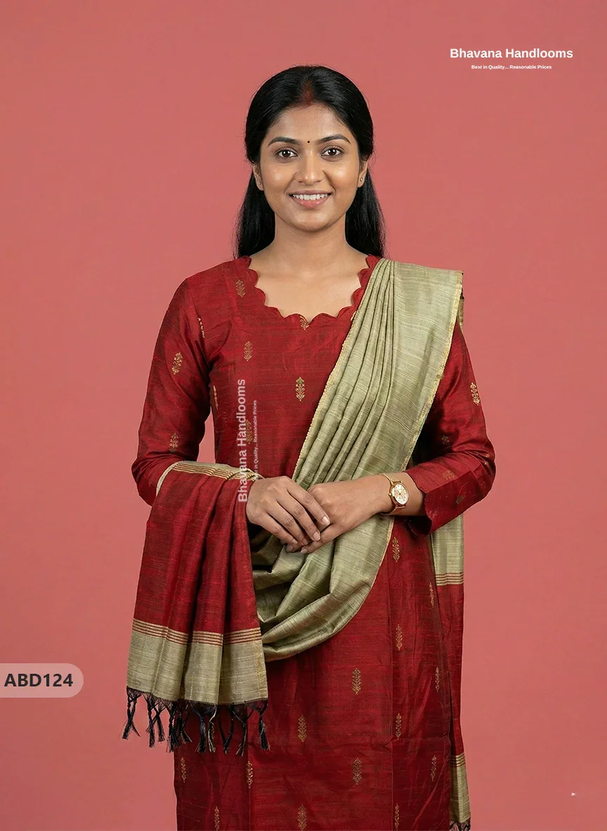Raw Silk 3-Piece Kurti Set with Cut Work Neck Design in Red Colour | Full-Length Lined Kurti with Gold Dupatta