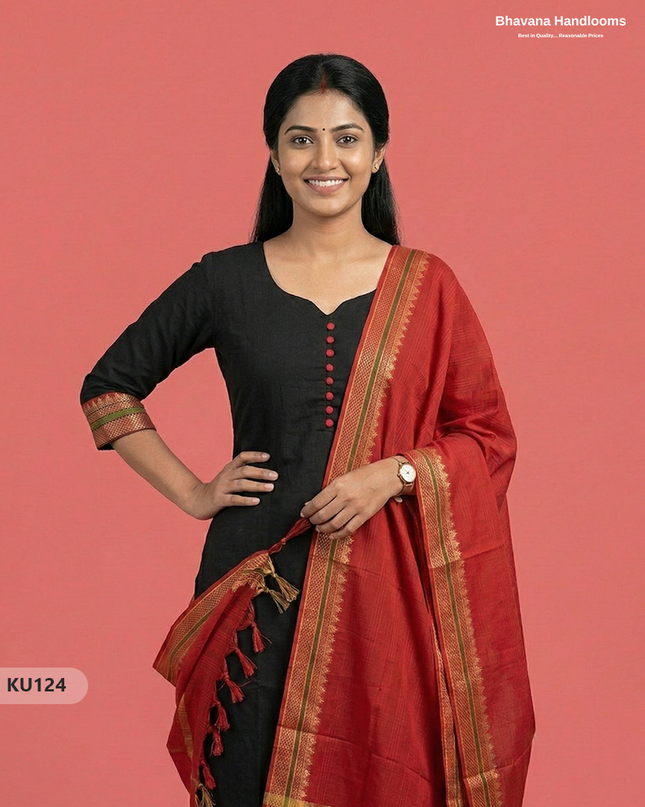 Mangalagiri Cotton 3PC Kurti Set in Black Colour with Full Lining