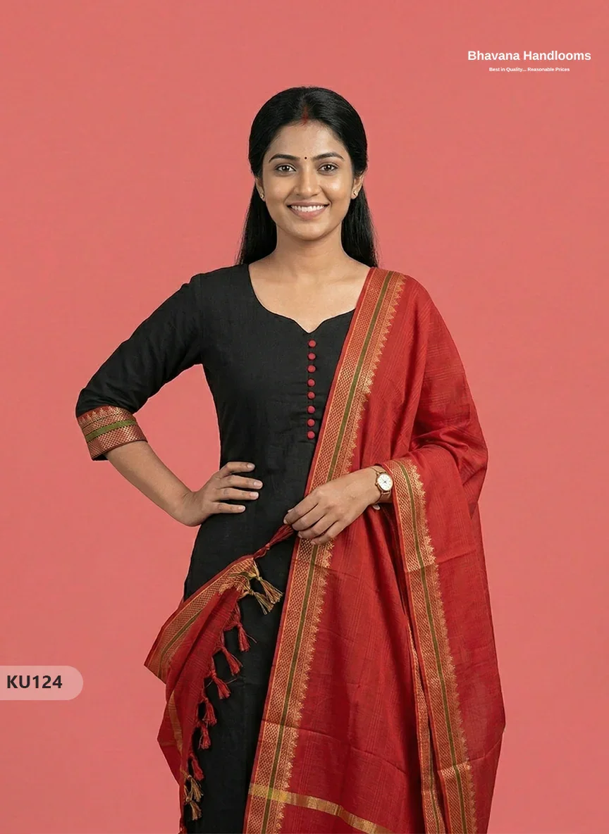 Mangalagiri Cotton 3PC Kurti Set in Black Colour with Full Lining