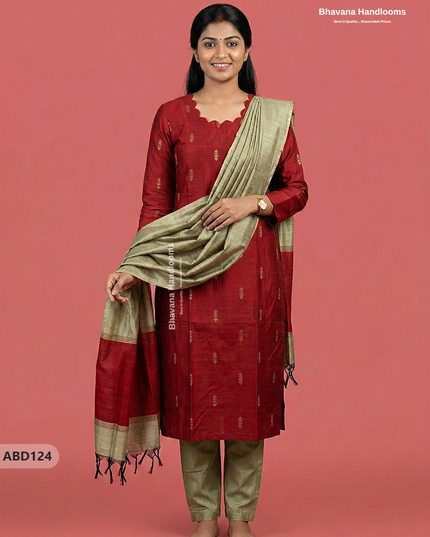Raw Silk 3-Piece Kurti Set with Cut Work Neck Design in Red Colour | Full-Length Lined Kurti with Gold Dupatta