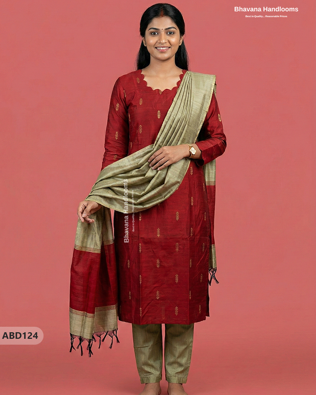 Raw Silk 3-Piece Kurti Set with Cut Work Neck Design in Red Colour | Full-Length Lined Kurti with Gold Dupatta